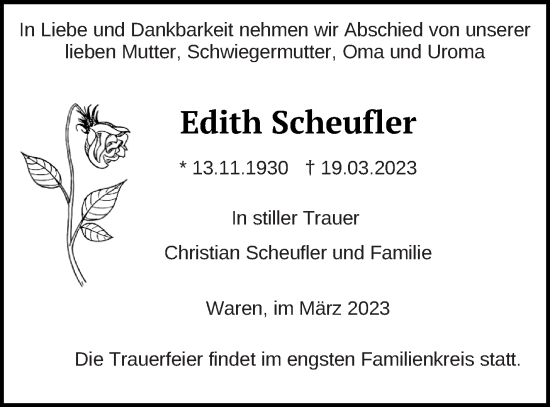 Traueranzeige von Edith Scheufler von Müritz-Zeitung