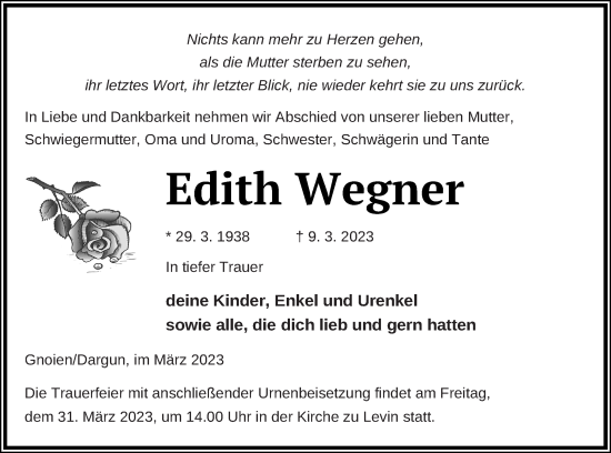 Traueranzeige von Edith Wegner von Mecklenburger Schweiz