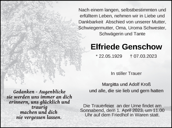 Traueranzeige von Elfriede Genschow von Müritz-Zeitung