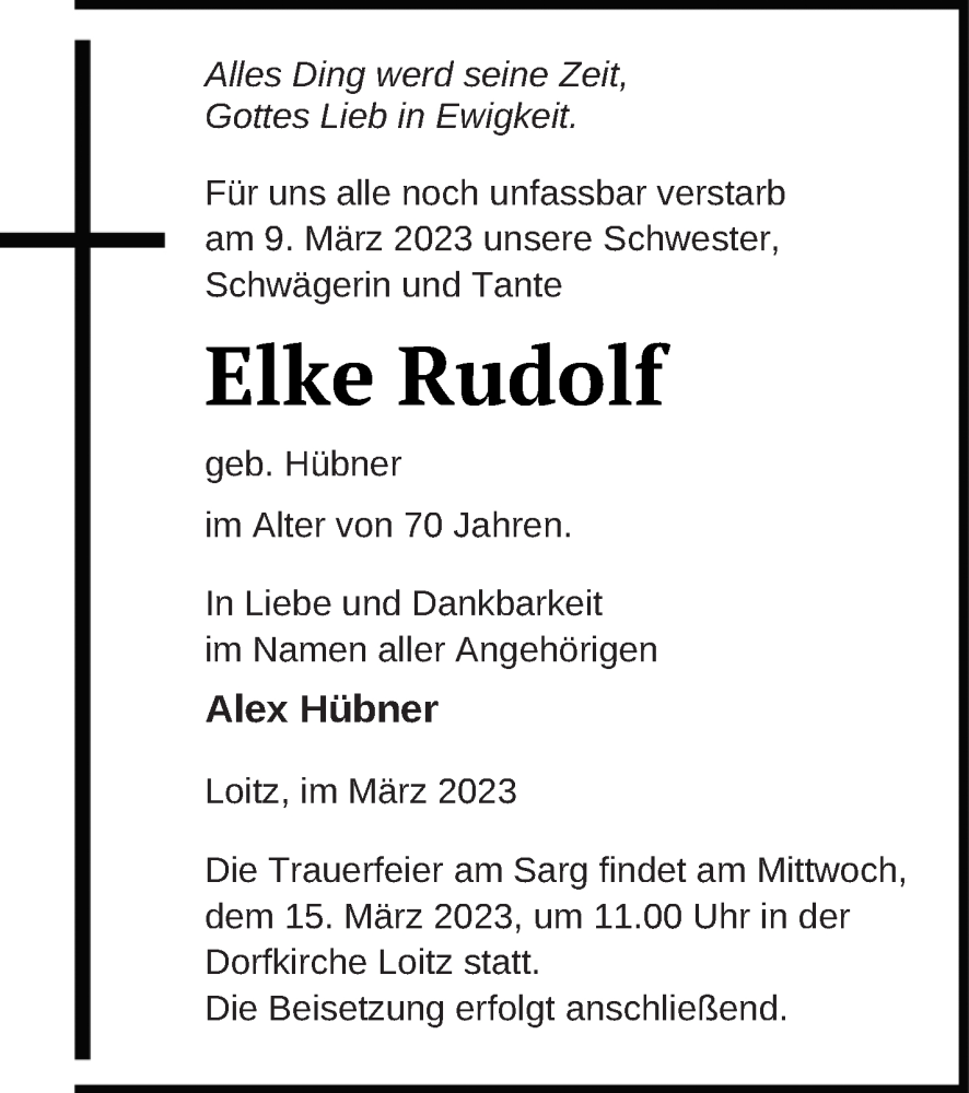  Traueranzeige für Elke Rudolf vom 14.03.2023 aus Neubrandenburger Zeitung