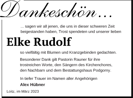 Traueranzeige von Elke Rudolf von Neubrandenburger Zeitung