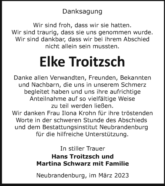 Traueranzeige von Elke Troitzsch von Neubrandenburger Zeitung