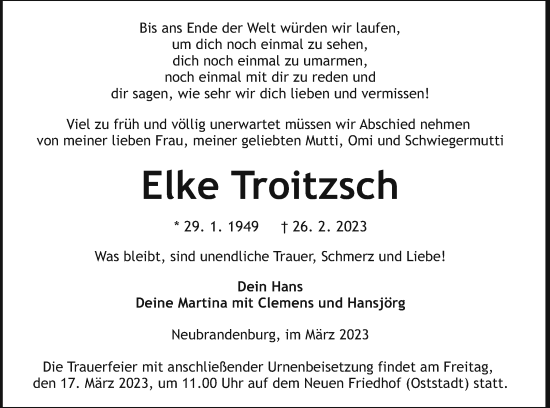 Traueranzeige von Elke Troitzsch von Neubrandenburger Zeitung