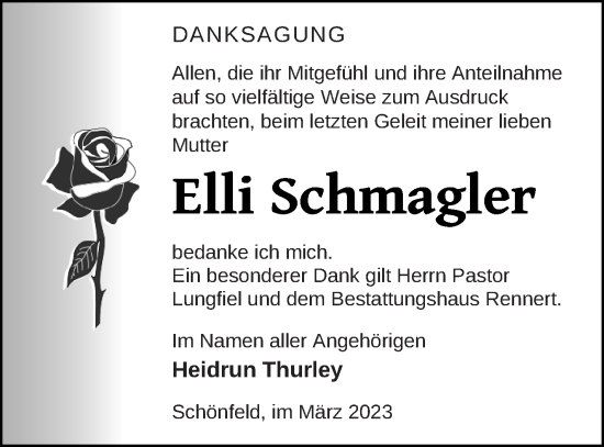 Traueranzeige von Elli Schmagler von Demminer Zeitung