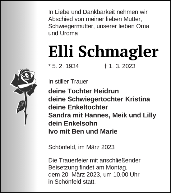 Traueranzeige von Elli Schmagler von Demminer Zeitung