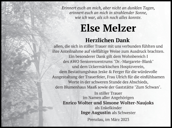 Traueranzeige von Else Melzer von Prenzlauer Zeitung