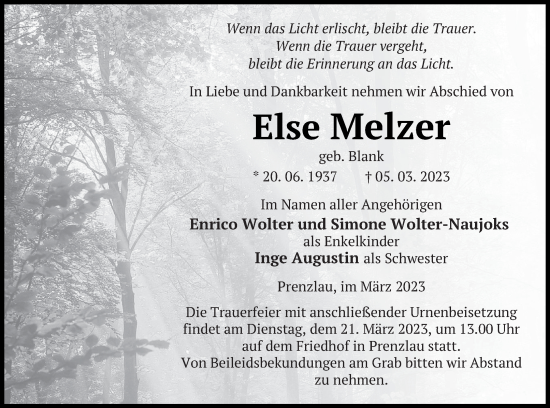 Traueranzeige von Else Melzer von Prenzlauer Zeitung