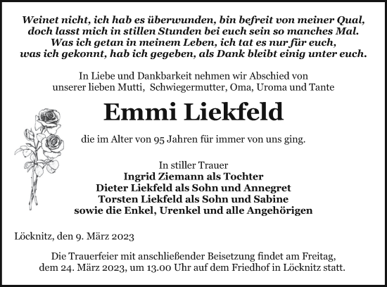 Traueranzeige von Emmi Liekfeld von Pasewalker Zeitung