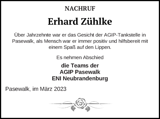 Traueranzeige von Erhard Zühlke von Pasewalker Zeitung