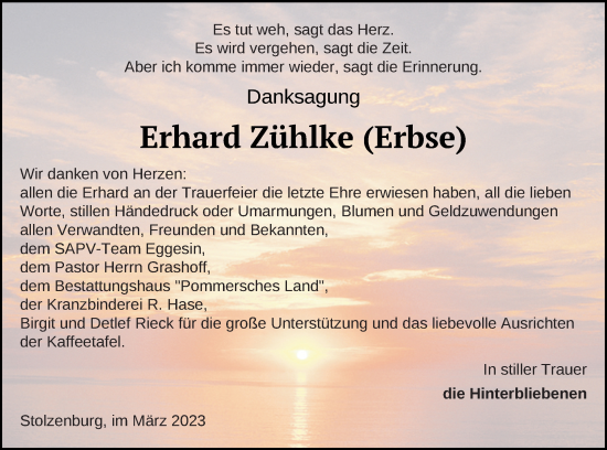 Traueranzeige von Erhard Zühlke von Pasewalker Zeitung