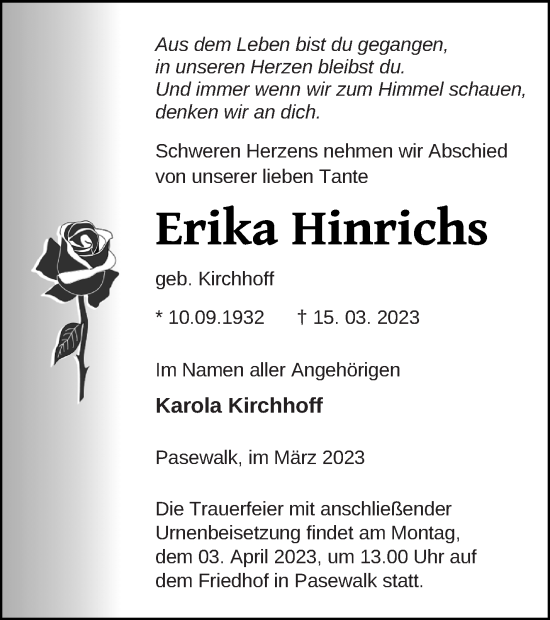 Traueranzeige von Erika Hinrichs von Pasewalker Zeitung