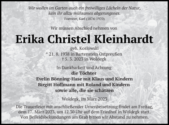 Traueranzeige von Erika Christel Kleinhardt von Neubrandenburger Zeitung