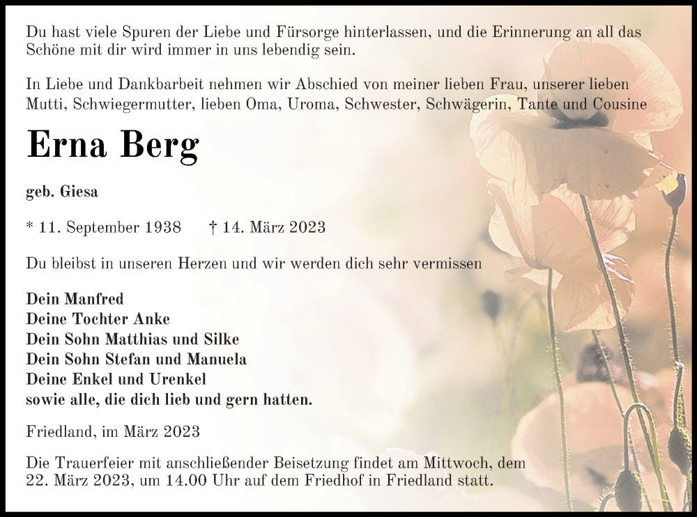  Traueranzeige für Erna Berg vom 18.03.2023 aus Neubrandenburger Zeitung