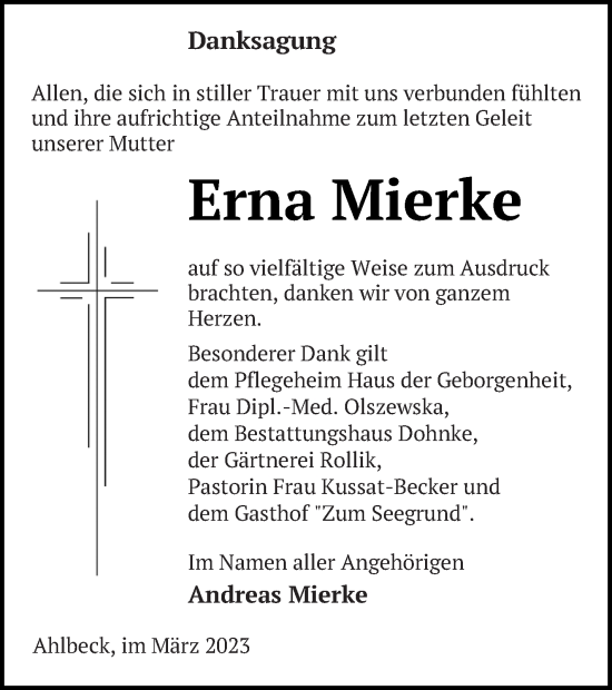 Traueranzeige von Erna Mierke von Haff-Zeitung