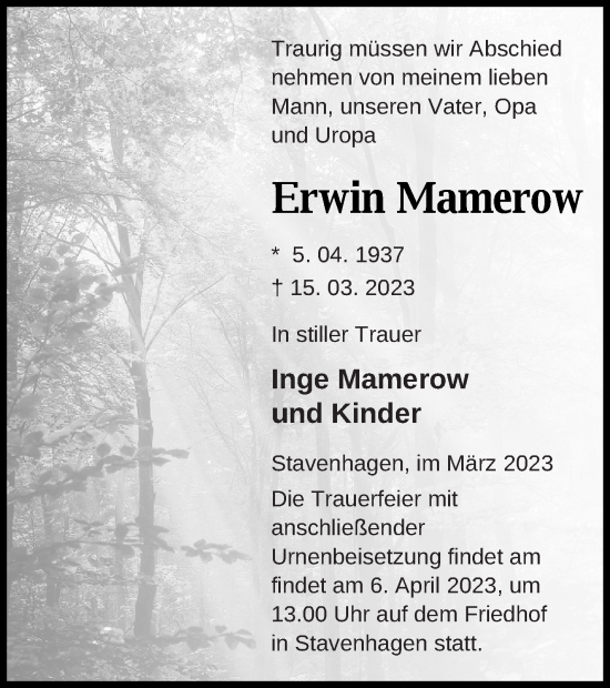 Traueranzeige von Erwin Mamerow von Mecklenburger Schweiz