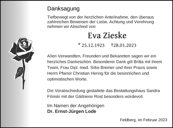 Traueranzeige von Eva Zieske von Strelitzer Zeitung