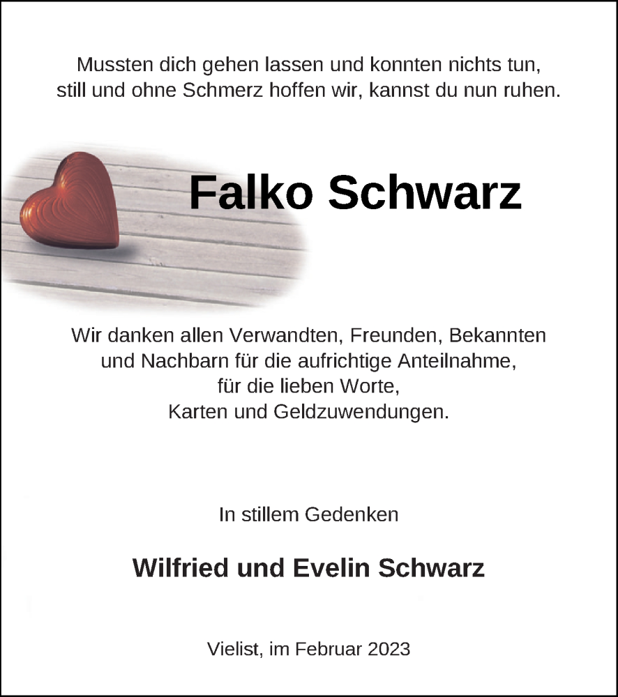  Traueranzeige für Falko Schwarz vom 03.03.2023 aus Müritz-Zeitung