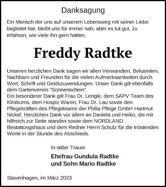 Traueranzeige von Freddy Radtke von Mecklenburger Schweiz