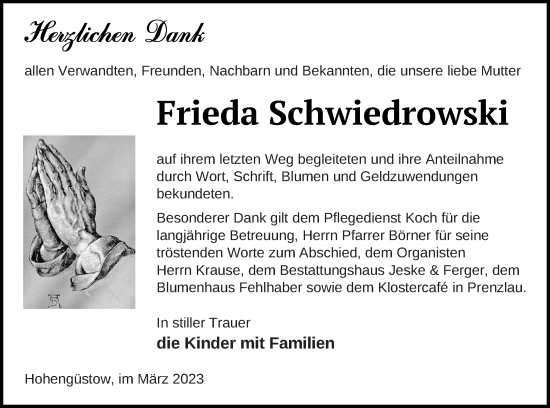Traueranzeige von Frieda Schwiedrowski von Prenzlauer Zeitung
