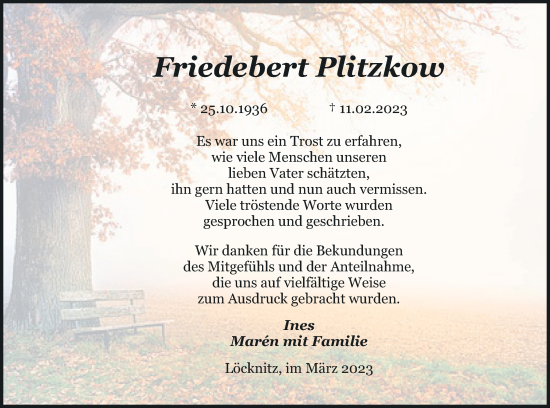 Traueranzeige von Friedebert Plitzkow von Vorpommern Kurier