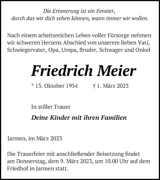 Traueranzeige von Friedrich Meier von Vorpommern Kurier