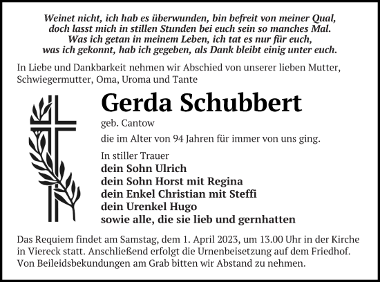 Traueranzeige von Gerda Schubbert von Pasewalker Zeitung