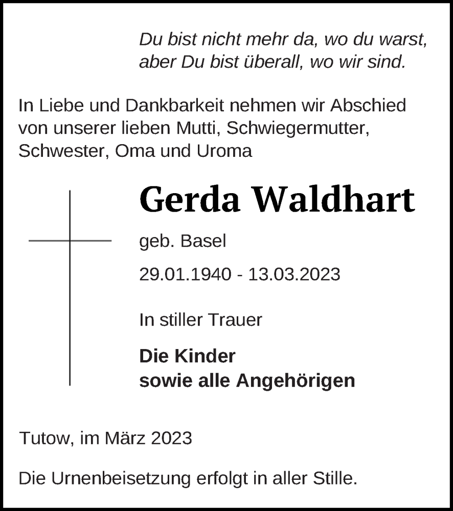  Traueranzeige für Gerda Waldhart vom 17.03.2023 aus Vorpommern Kurier