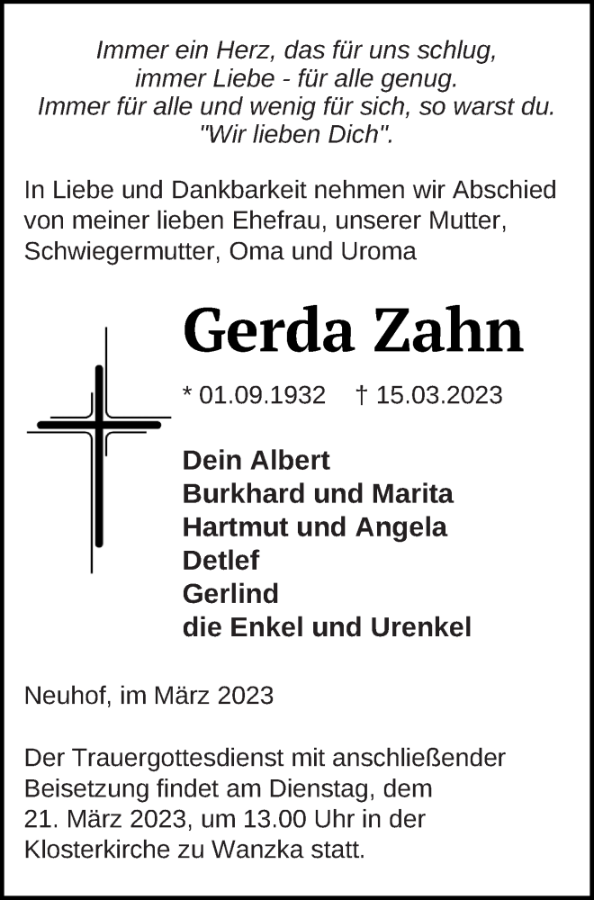  Traueranzeige für Gerda Zahn vom 17.03.2023 aus Strelitzer Zeitung