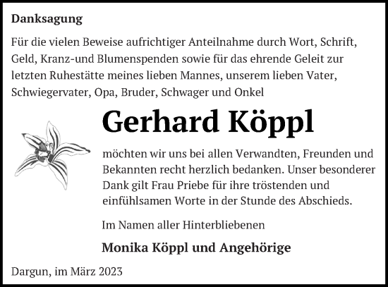 Traueranzeige von Gerhard Köppl von Mecklenburger Schweiz