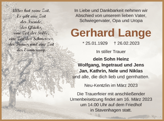 Traueranzeige von Gerhard Lange von Demminer Zeitung