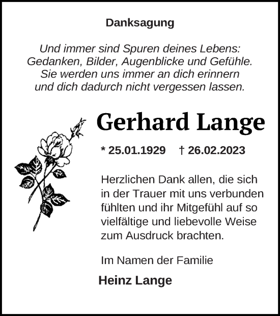 Traueranzeige von Gerhard Lange von Demminer Zeitung