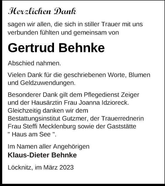 Traueranzeige von Gertrud Behnke von Pasewalker Zeitung