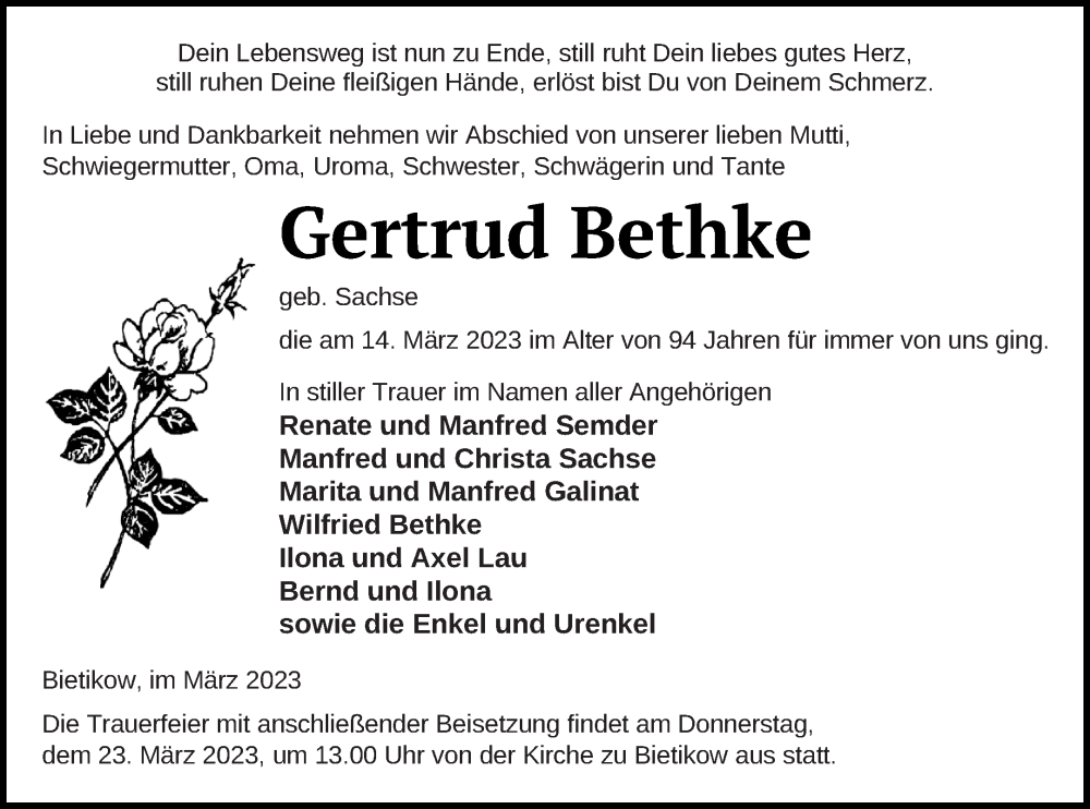  Traueranzeige für Gertrud Bethke vom 18.03.2023 aus Prenzlauer Zeitung