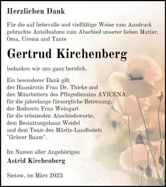 Traueranzeige von Gertrud Kirchenberg von Müritz-Zeitung