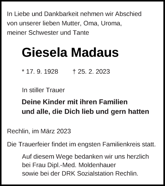 Traueranzeige von Giesela Madaus von Müritz-Zeitung