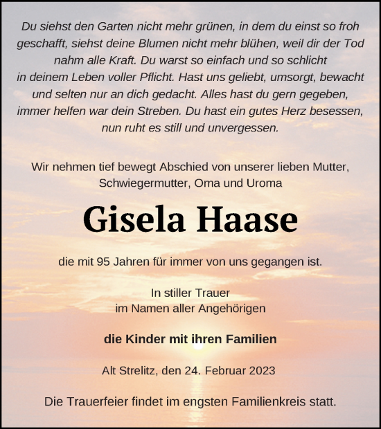 Traueranzeige von Gisela Haase von Strelitzer Zeitung