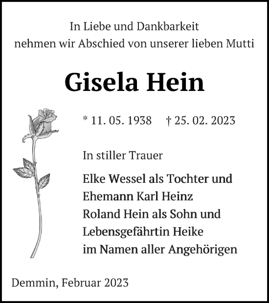 Traueranzeige von Gisela Hein von Demminer Zeitung