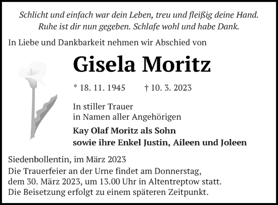 Traueranzeige von Gisela Moritz von Neubrandenburger Zeitung