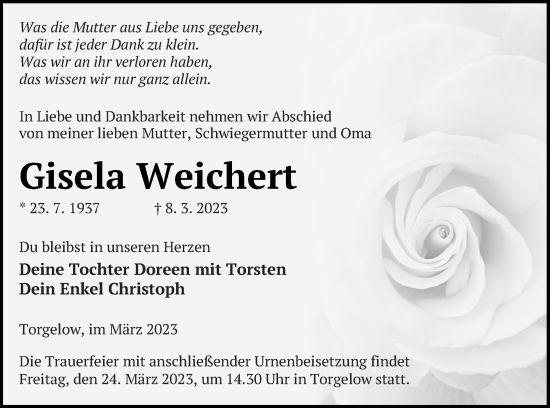 Traueranzeige von Gisela Weichert von Haff-Zeitung