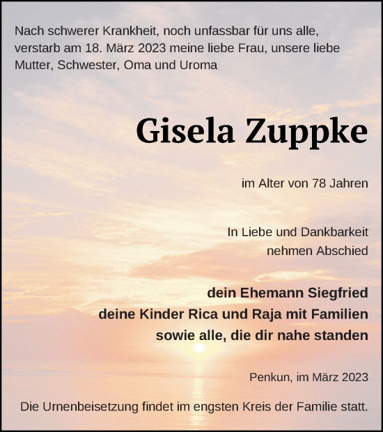 Traueranzeige von Gisela Zuppke von Pasewalker Zeitung