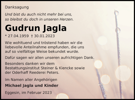 Traueranzeige von Gudrun Jagla von Haff-Zeitung