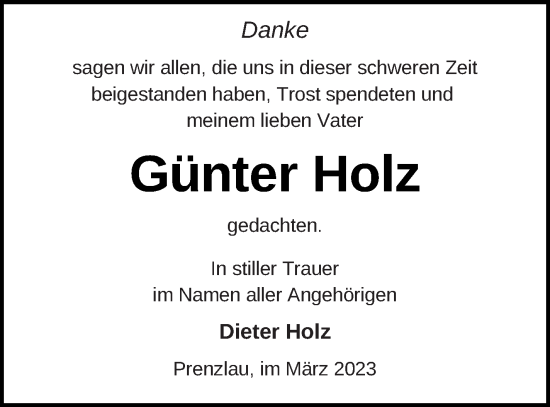Traueranzeige von Günter Holz von Prenzlauer Zeitung