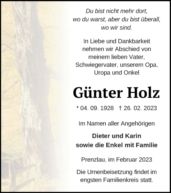 Traueranzeige von Günter Holz von Prenzlauer Zeitung