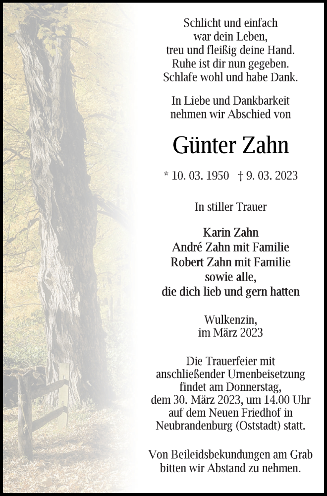  Traueranzeige für Günter Zahn vom 18.03.2023 aus Neubrandenburger Zeitung