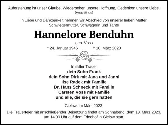 Traueranzeige von Hannelore Benduhn von Mecklenburger Schweiz