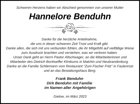 Traueranzeige von Hannelore Benduhn von Mecklenburger Schweiz