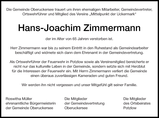 Traueranzeige von Hans-Joachim Zimmermann von Prenzlauer Zeitung