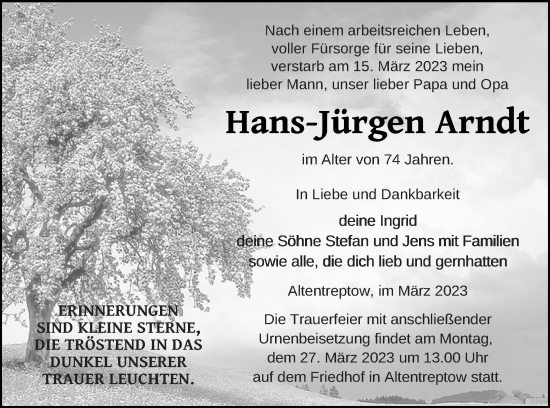 Traueranzeige von Hans-Jürgen Arndt von Neubrandenburger Zeitung