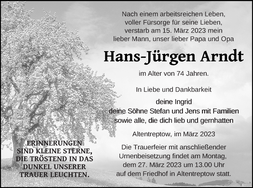  Traueranzeige für Hans-Jürgen Arndt vom 17.03.2023 aus Neubrandenburger Zeitung