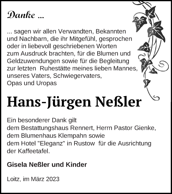 Traueranzeige von Hans-Jürgen Neßler von Vorpommern Kurier